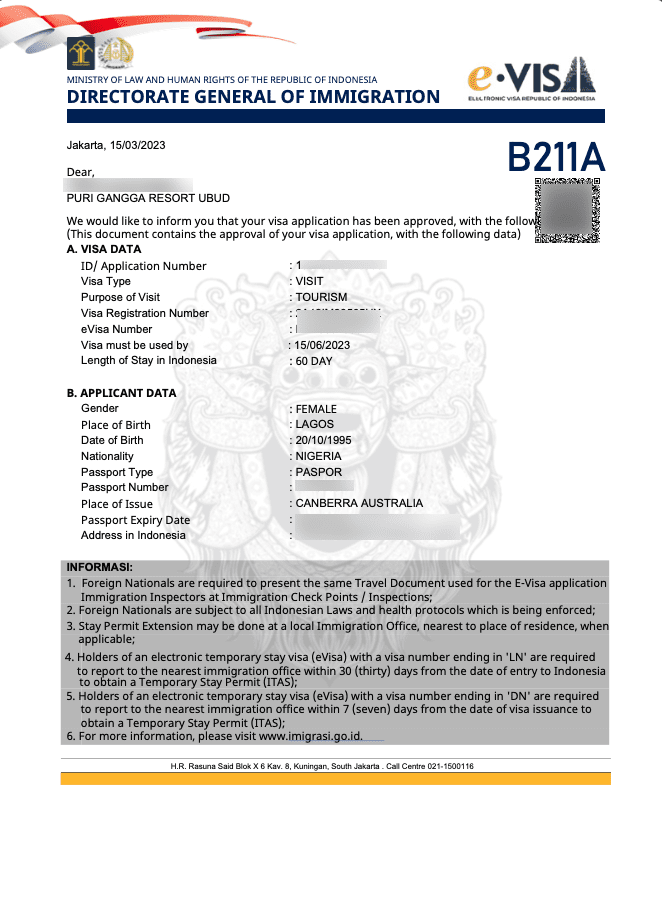 bali indonesia calling visa b211 nigeria