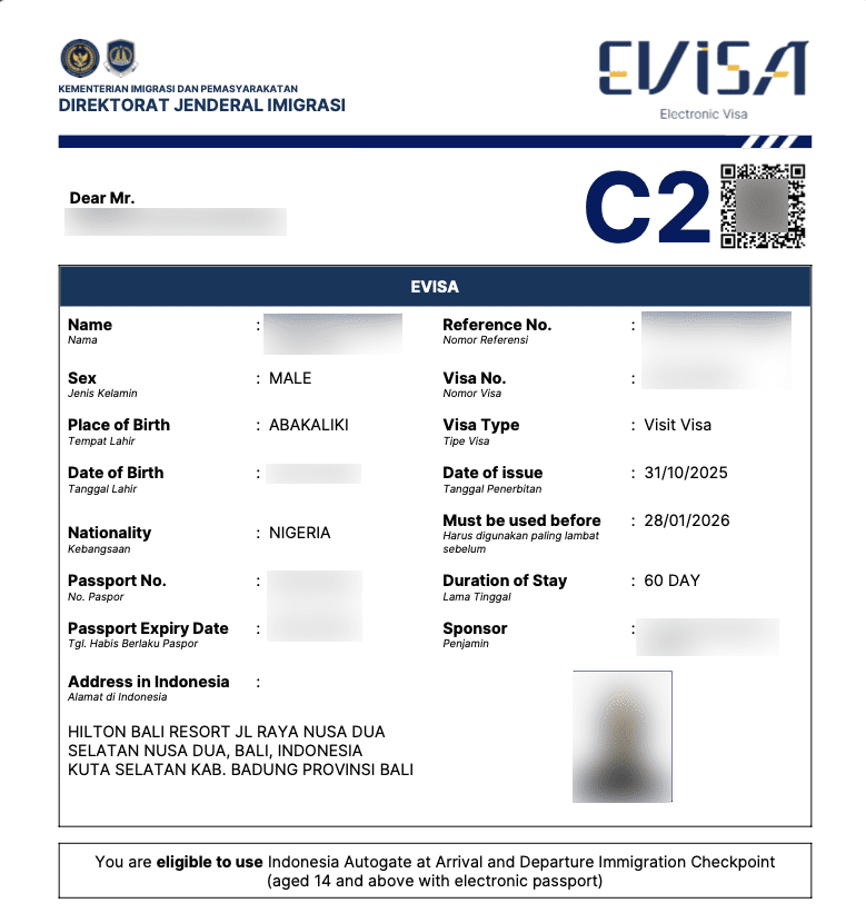 bali visa for nigeria passport